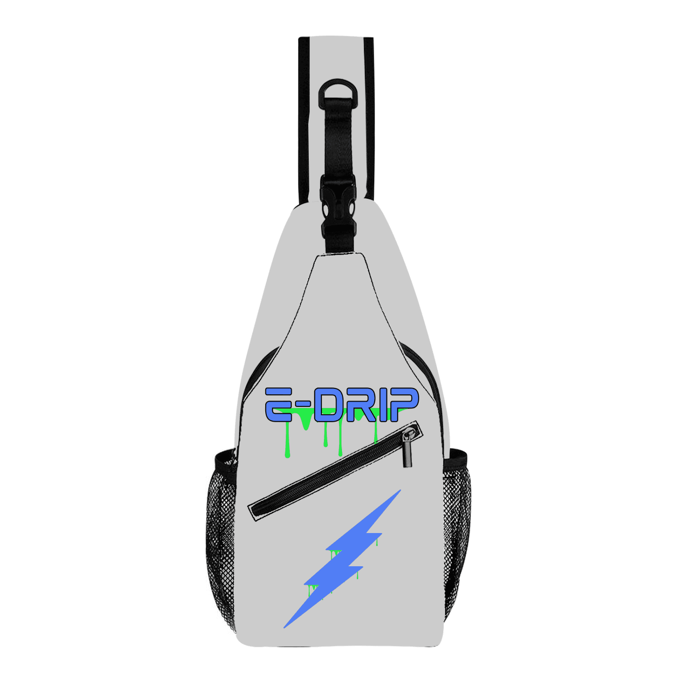 crossbody sling bag gray/silver with edrip logo in electric blue on front and electric blue lightning bolt also on front and sides.