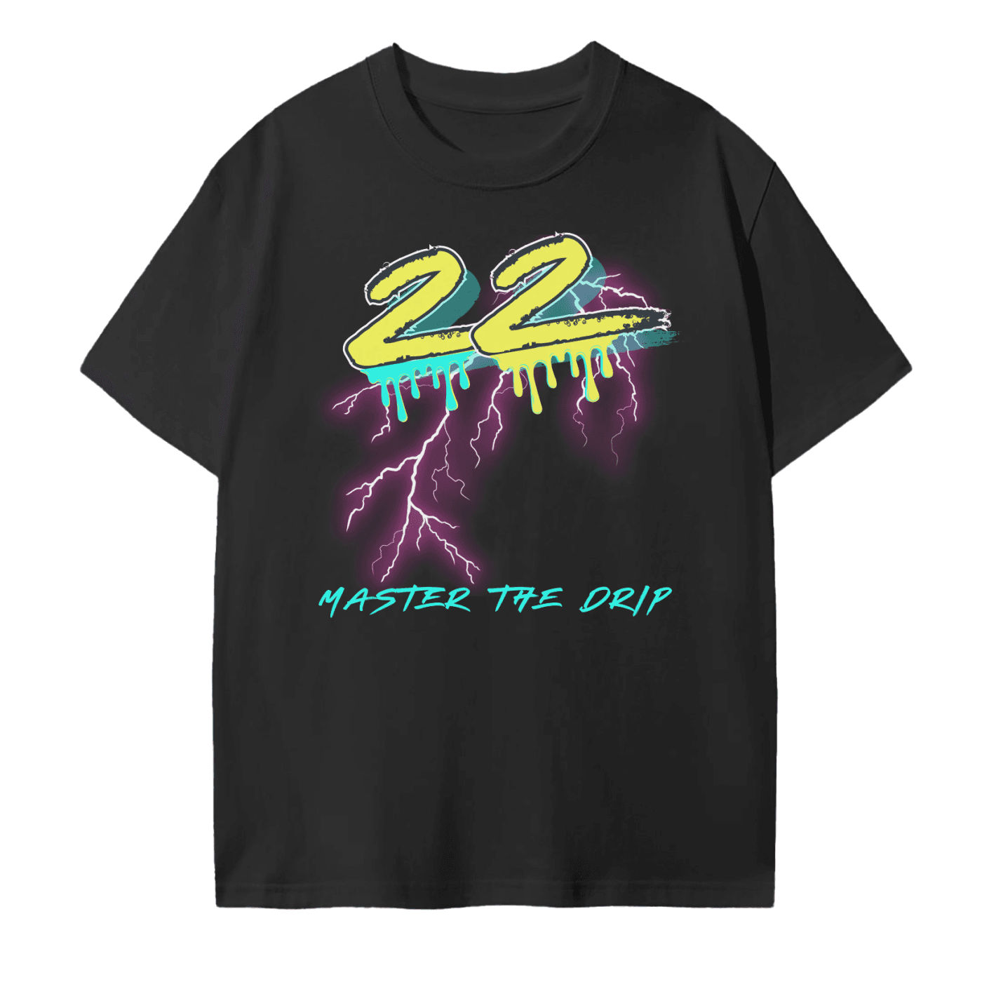 black unisex tee with 22 drip graphic on full front of tshirt.