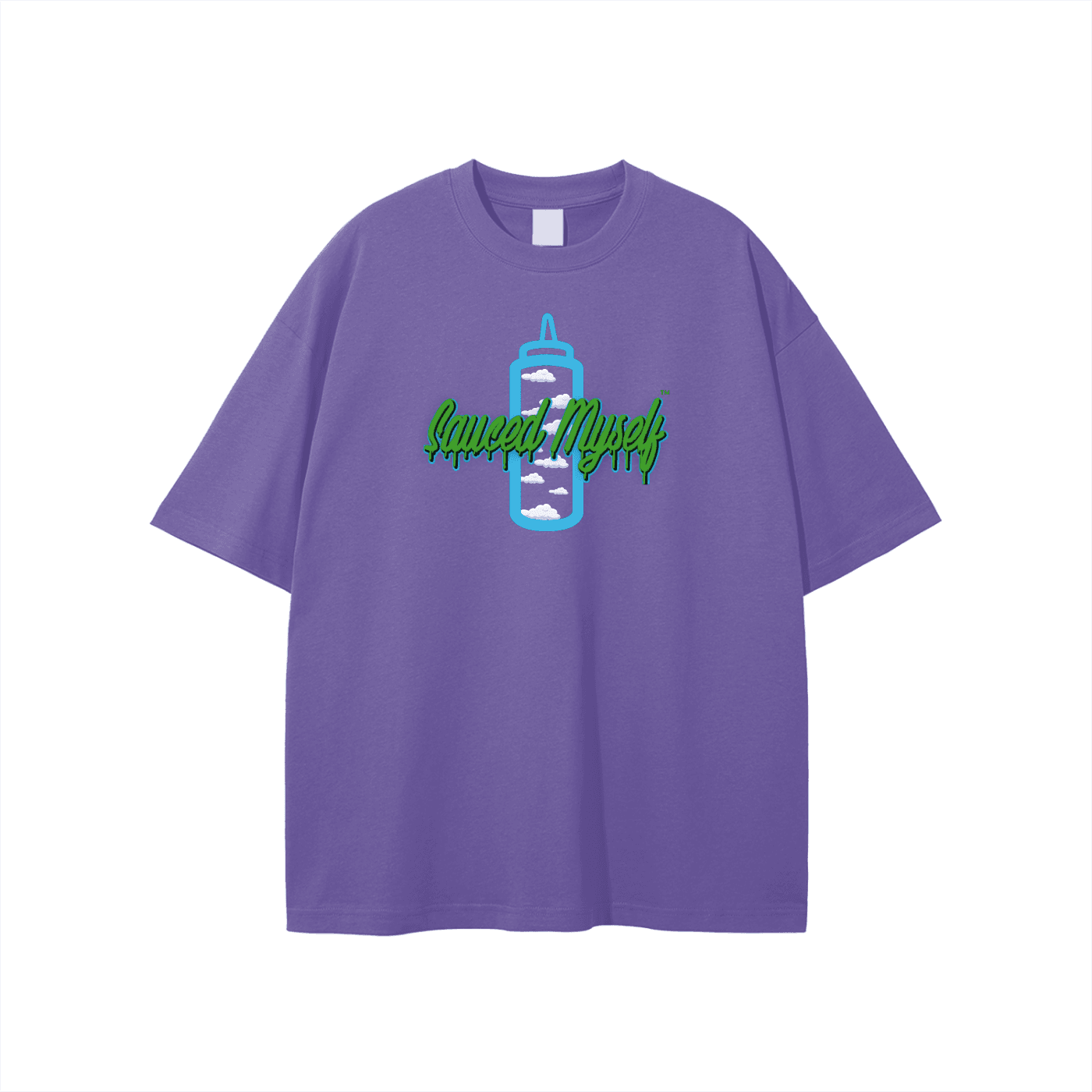 purple unisex loose tshirt with sauced myself brand logo on top center chest