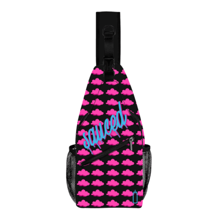 sling bag with pink cloud all over print with the word "sauced' in blue printed on the front