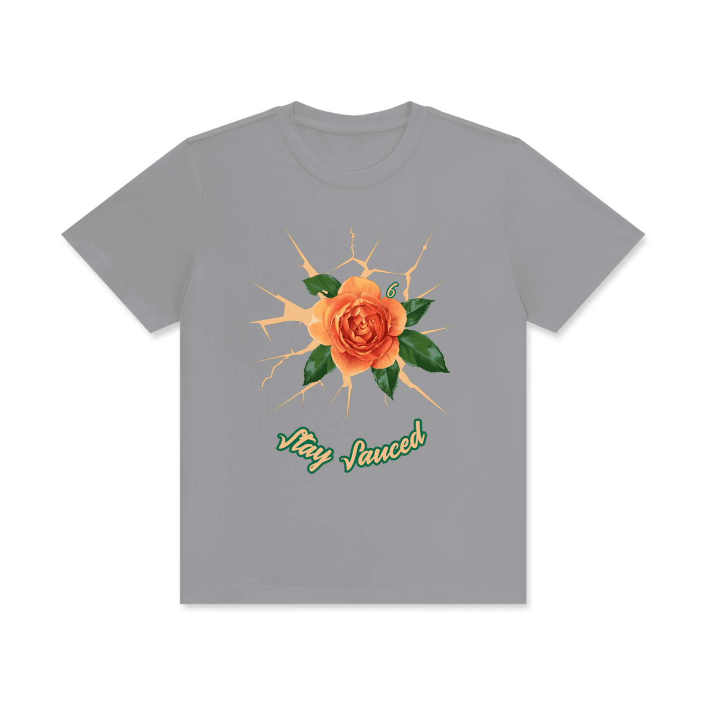 gray tee with orange rose and green and orange lettering that reads "stay sauced"