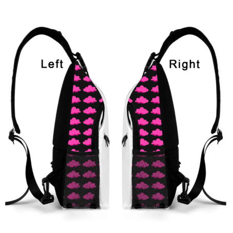 sides of sling bag, black background with pink clouds repeat print