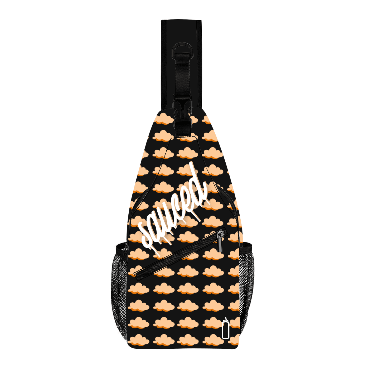 crossbody sling bag with peach cloud repeat print with text in white "sauced" on front.