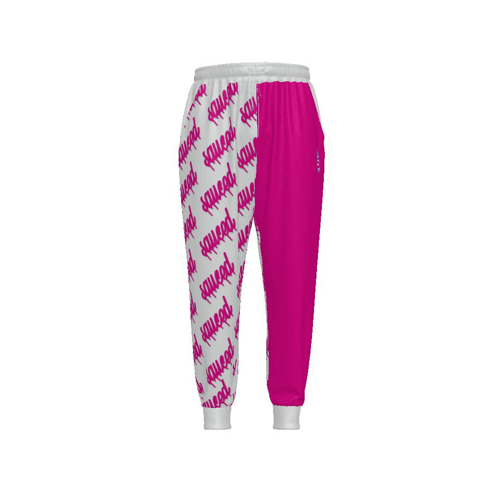 Unique pink color block and text jogger. Front left pant leg full pink. remaining pant legs repeating diagnal text that reads "sauced".