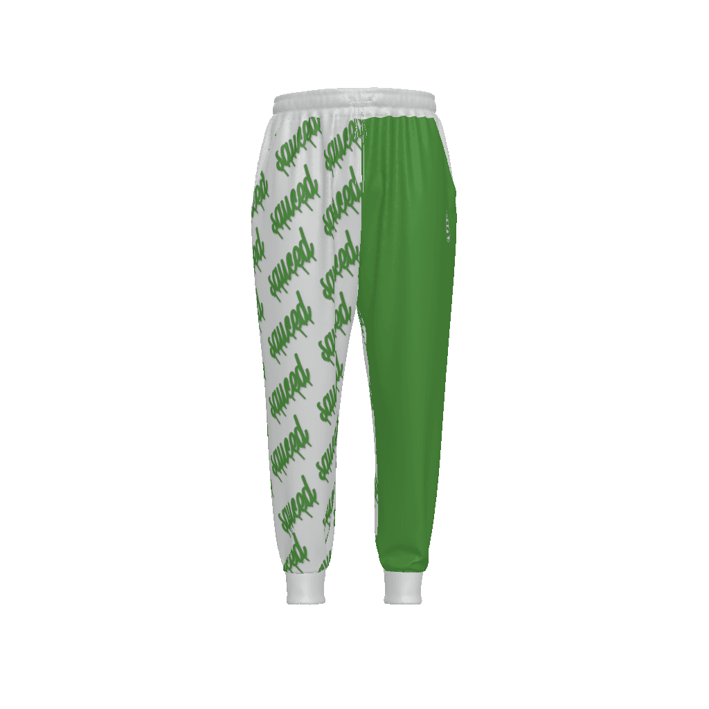 Unique green color block and text jogger. Front left pant leg full green. remaining pant legs repeating diagnal text that reads "sauced".
