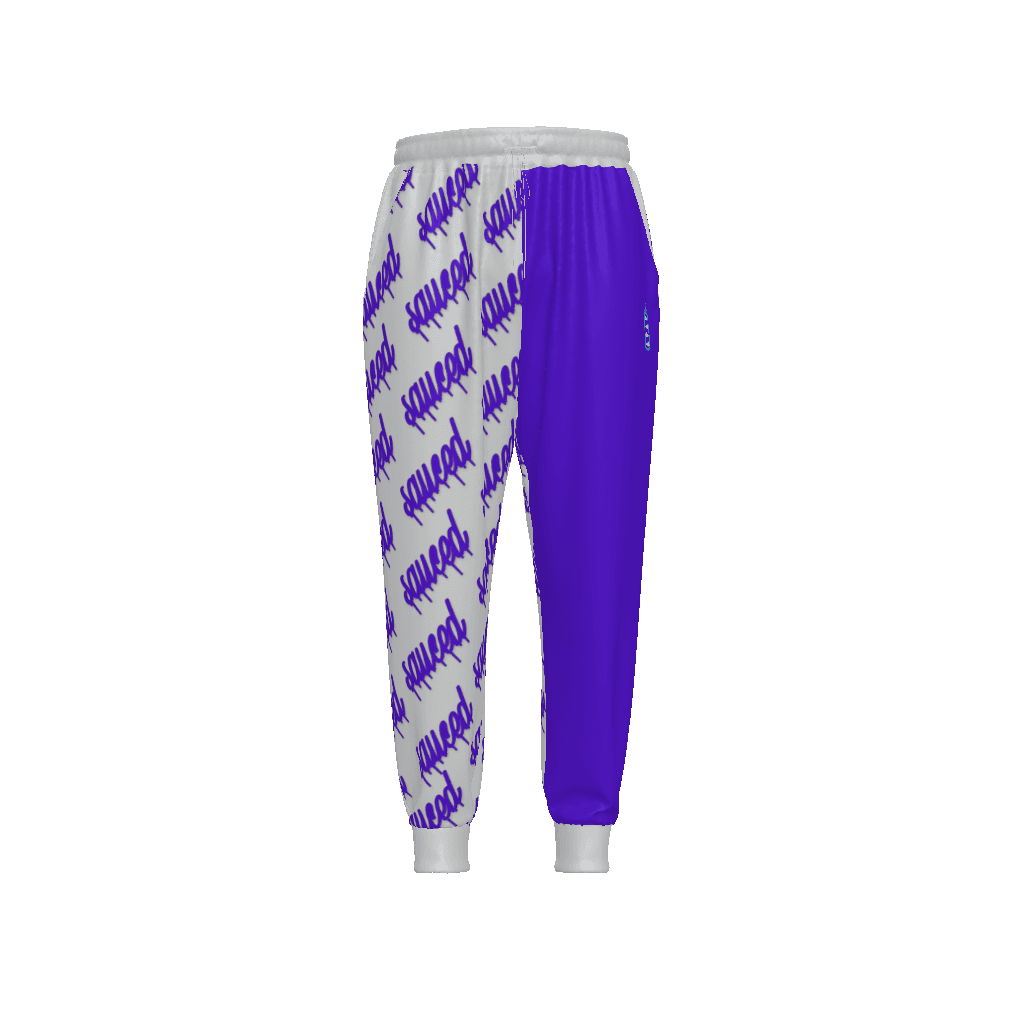 Unique purple color block and text jogger. Front left pant leg full purple. remaining pant legs repeating diagnal text that reads "sauced".