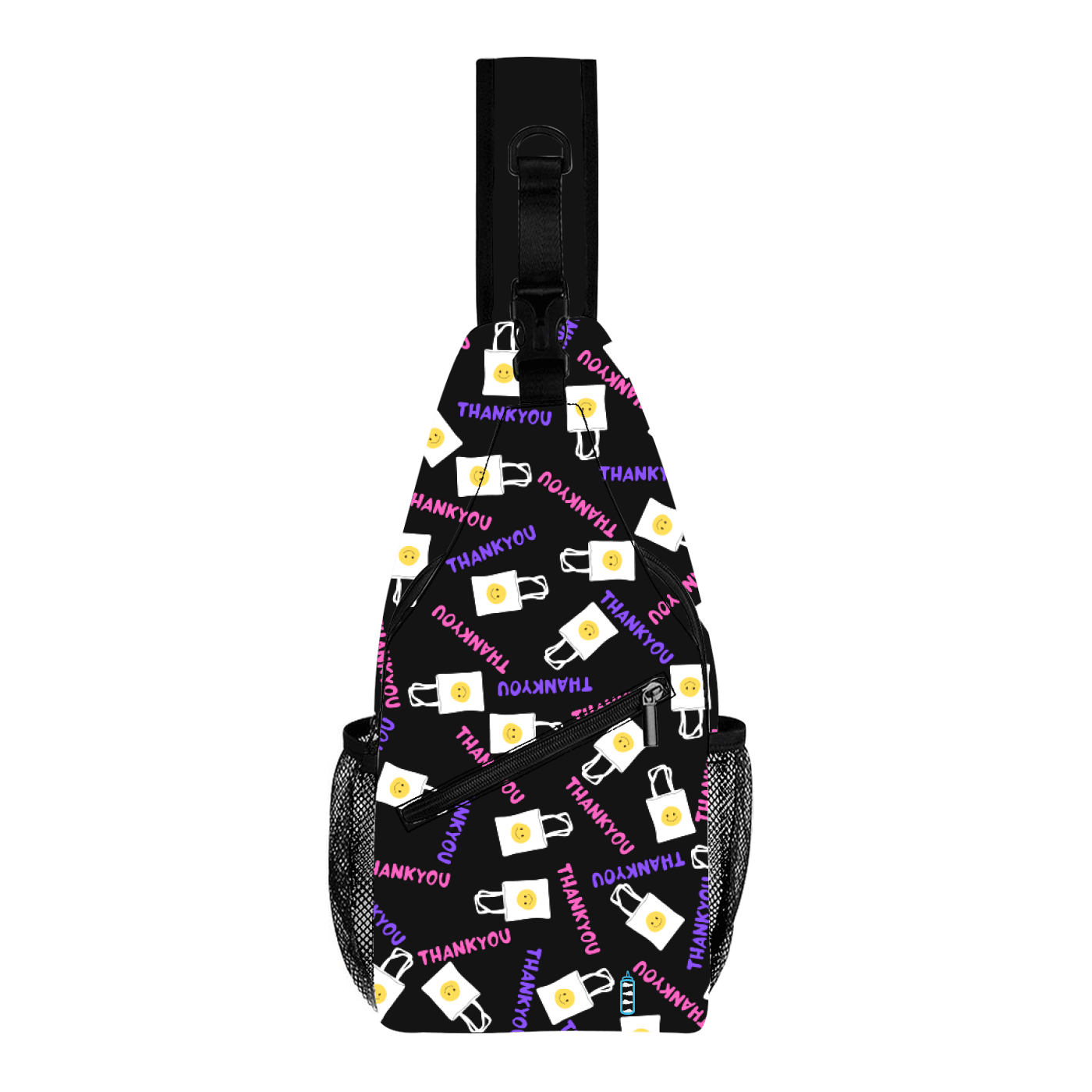 slingbag with allover print design black background with thankyou text in purple and pink and shopping bag with smiley face.