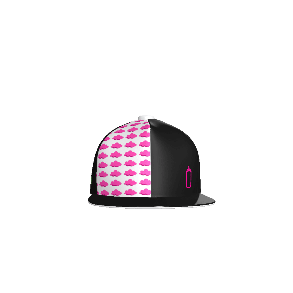colorblock flatbill cap, black and white with pink print