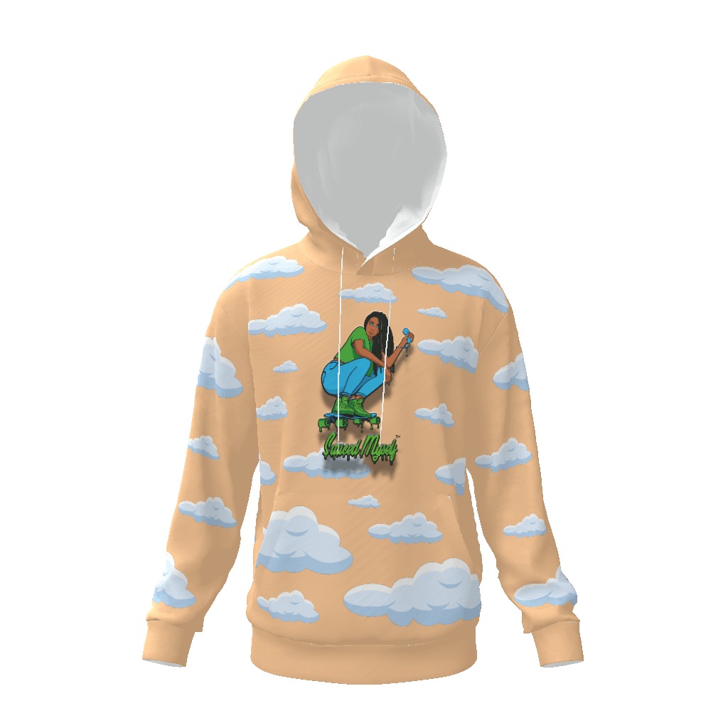 allover print hoodie peach background with clouds and black girl on electric skateboard and saucedmyself logo