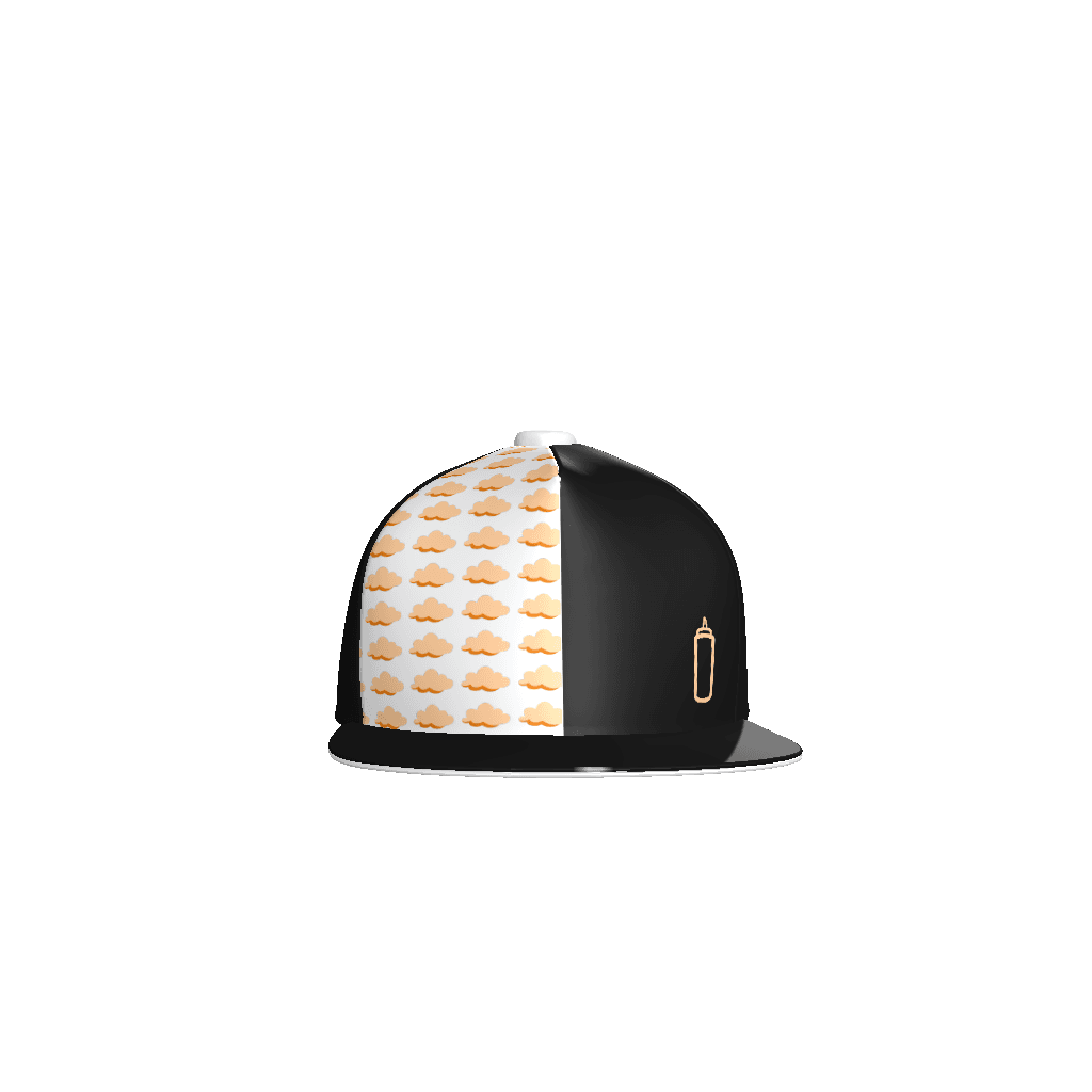 flatbill cap front. left side black with peach print, right side white with peach cloud repeat print.