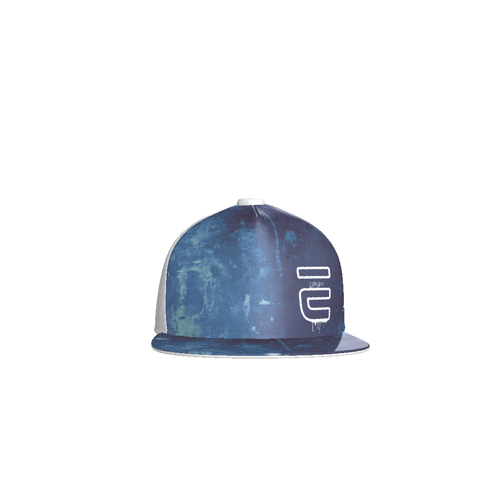 flatbill cap allover multiblue color print with white E logo on left panel